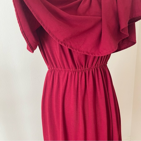 Elegant Burgundy Off-Shoulder Smocked Waist Ruffle Maxi Dress With Pockets Sz S - Picture 5 of 10